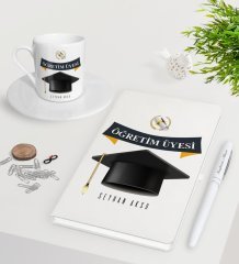 Kişiye Özel Öğretim Üyesi Beyaz Defter Kalem Türk Kahvesi Fincanı Seti-1