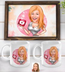 Kişiye Özel Kadın Youtuber Karikatürlü Doğal Ahşap Tepsi ve 2’li Kupa Bardak Seti-2
