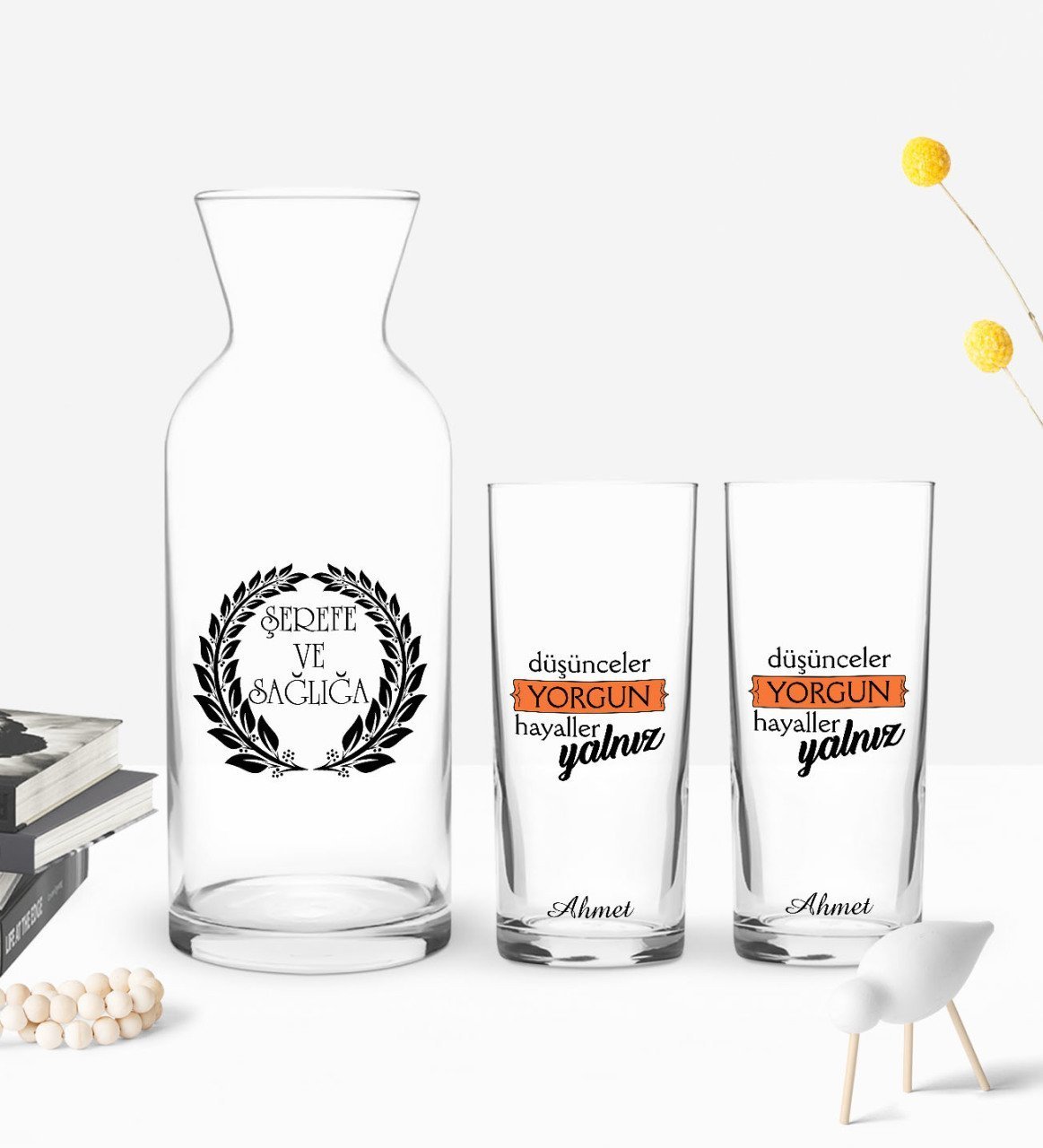 Kişiye Özel Renkli Baskılı Düşünceler Yorgun Tasarımlı İkili Rakı Bardağı ve Karaf Hediye Seti-1