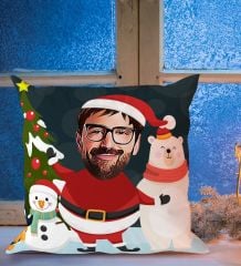 BK Gift Kişiye Özel Noel Baba Karikatürlü Beyaz Yastık-1