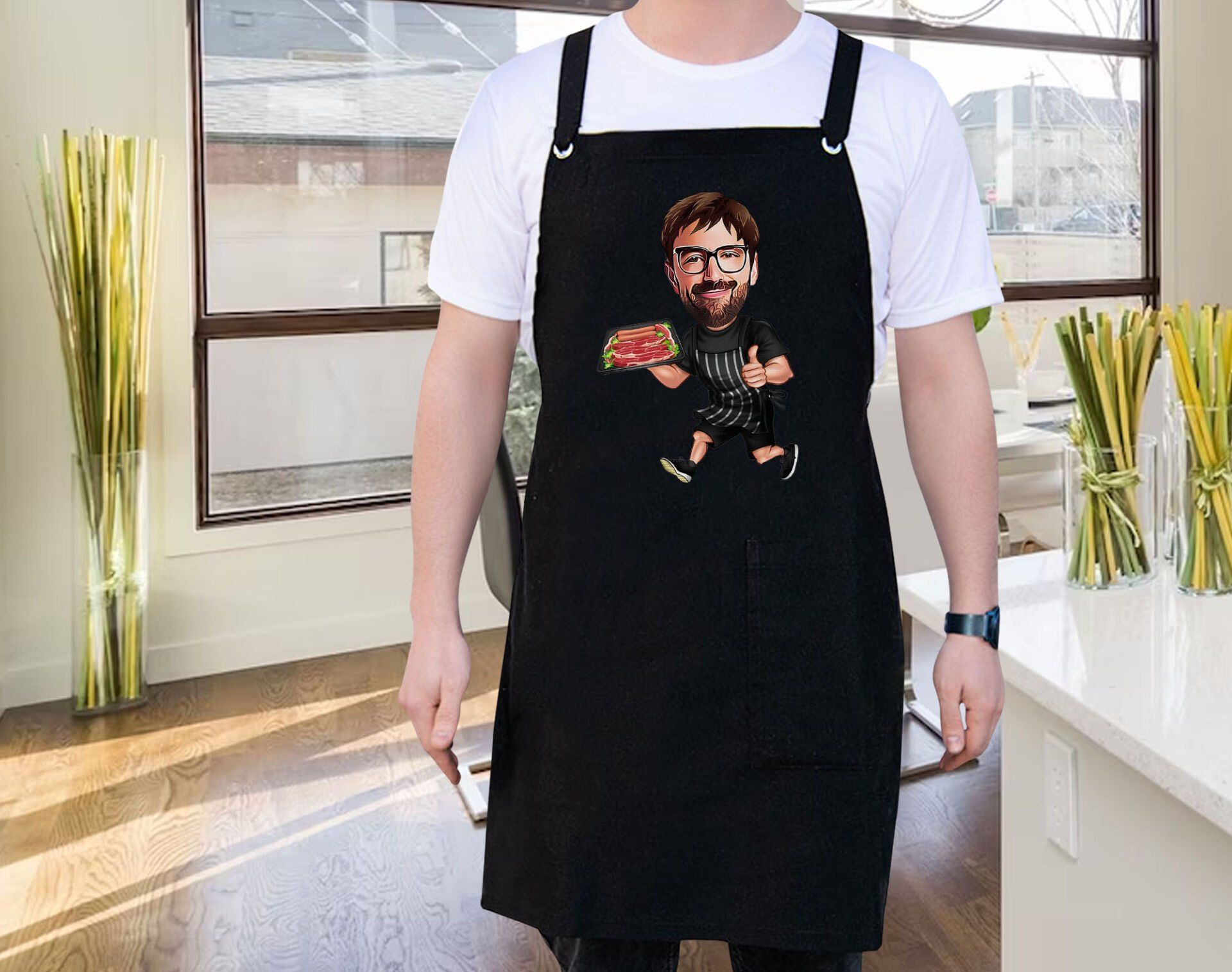 BK Gift Kişiye Özel Erkek Chef Karikatürlü Profesyonel Siyah Mutfak Önlüğü, Aşçı Önlüğü, Şef Önlüğü, Arkadaşa Hediye-6