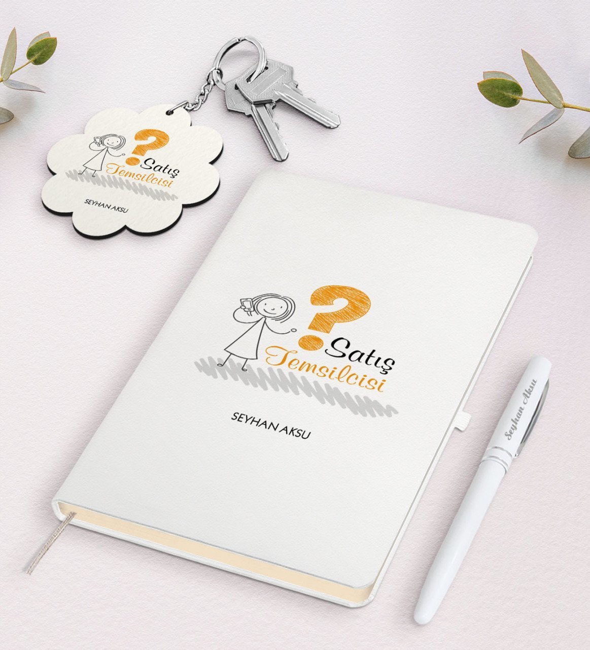 Kişiye Özel Satış Temsilcisi Beyaz Defter Kalem ve Anahtarlık Hediye Seti-2