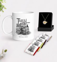 Kişiye Özel Tarih Öğretmeni Beyaz Kupa Çikolata ve İsimli Papatya Kolye Hediye Seti-1