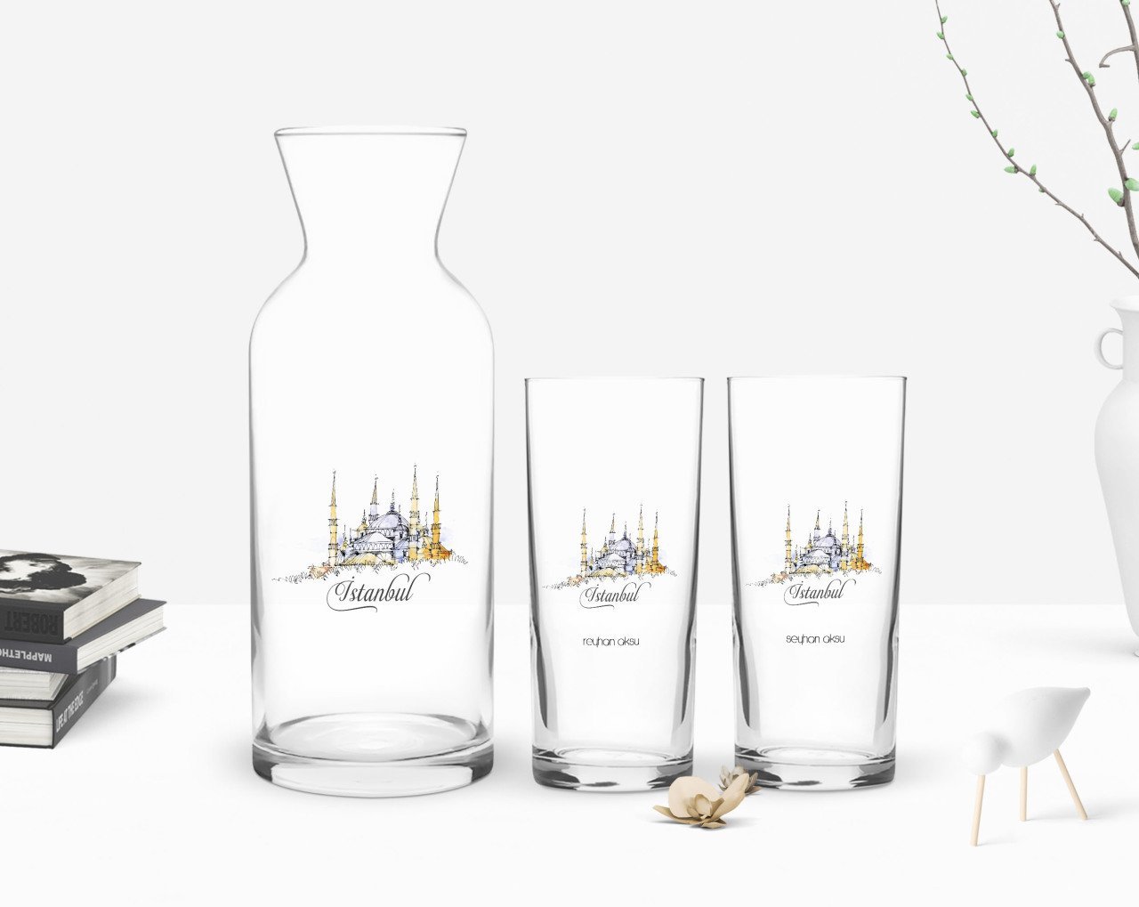 Kişiye Özel Renkli Baskılı İstanbul Tasarımlı Turistik İkili Rakı Bardağı ve Karaf Hediye Seti-4