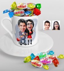 Kişiye Özel Sevgililer Karikatürlü Türk Kahvesi Fincanı ve Haribo Şeker Hediye Seti-1
