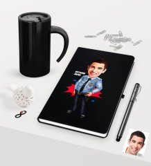 Kişiye Özel Bay Polis Karikatürlü Siyah Defter Kalem Termos Mug Seti - 1