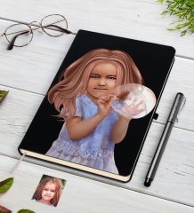 Kişiye Özel Kız Çocuk İllüstrasyon Tasarımlı Siyah Defter ve Kalem Hediye Seti-2