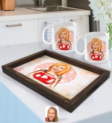 Kişiye Özel Kadın Youtuber Karikatürlü Doğal Ahşap Tepsi ve 2’li Kupa Bardak Seti-1