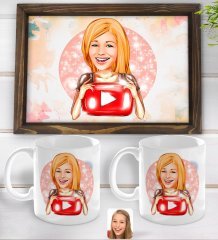Kişiye Özel Kadın Youtuber Karikatürlü Doğal Ahşap Tepsi ve 2’li Kupa Bardak Seti-1
