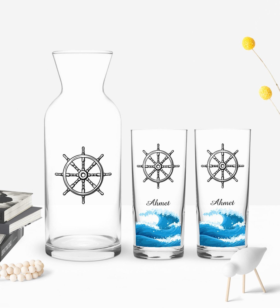 Kişiye Özel Renkli Baskılı Dümen Tasarımlı İkili Rakı Bardağı ve Karaf Hediye Seti-1