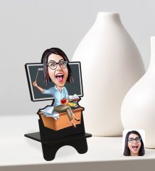 Kişiye Özel Kadın Öğretmen Karikatürlü Ahşap Biblo Telefon Standı-2