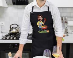 BK Gift Kişiye Özel Erkek Chef Karikatürlü Profesyonel Siyah Mutfak Önlüğü, Aşçı Önlüğü, Şef Önlüğü, Arkadaşa Hediye-5