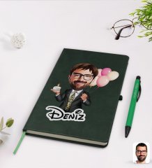 Kişiye Özel Erkek Doğum Günü Karikatürlü Yeşil Termo Deri Defter Kalem Seti Model 3