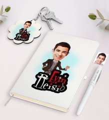 Kişiye Özel Evin Reisi Karikatürlü Beyaz Defter Kalem ve Anahtarlık Hediye Seti-2