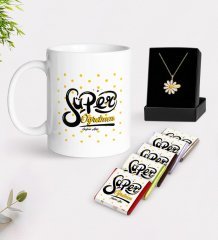 Kişiye Özel Süper Öğretmen Beyaz Kupa Çikolata ve İsimli Papatya Kolye Hediye Seti-1