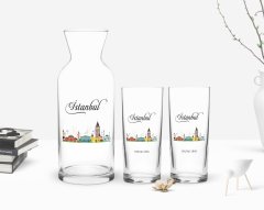 Kişiye Özel Renkli Baskılı İstanbul Tasarımlı Turistik İkili Rakı Bardağı ve Karaf Hediye Seti-3