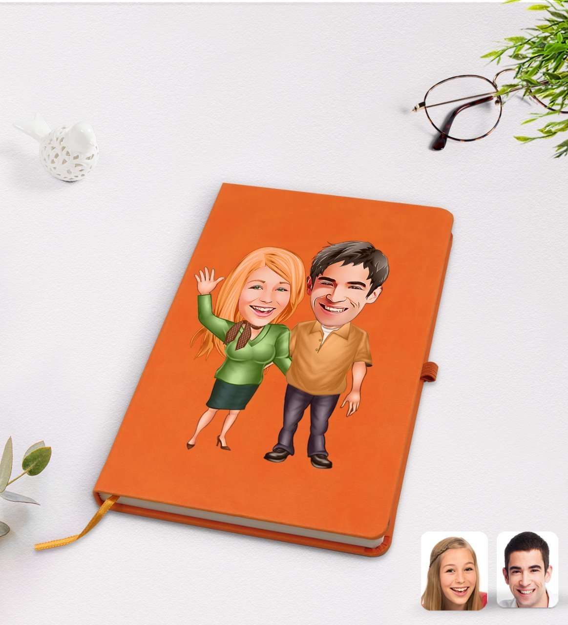 Kişiye Özel Sevgililer Karikatürlü Turuncu Termo Deri Defter Model 110