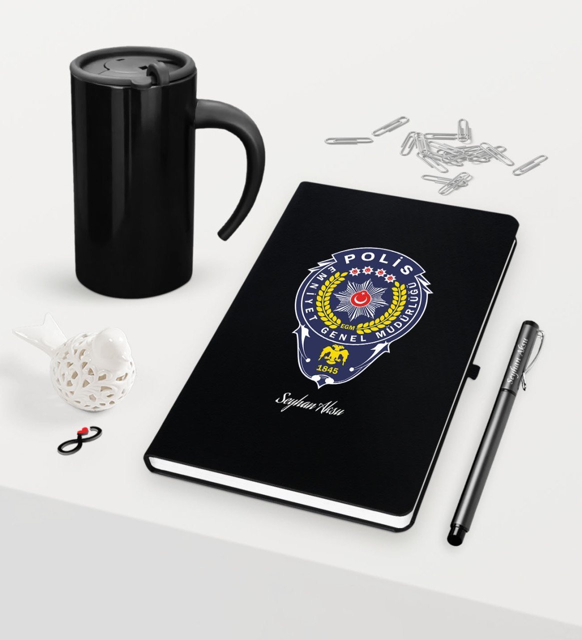 Kişiye Özel Polis Temalı Siyah Defter Kalem Termos Mug Seti - 2