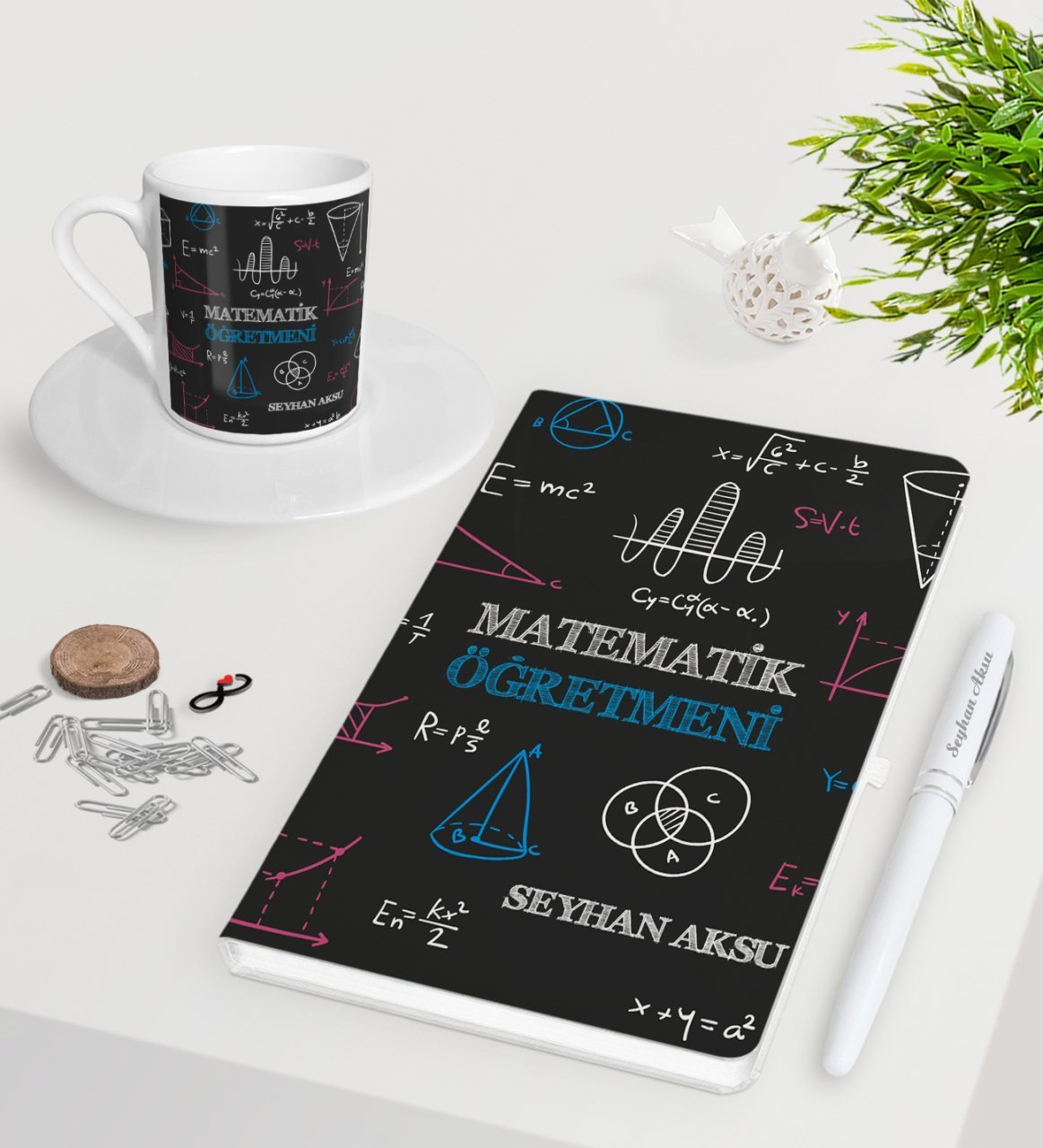 Kişiye Özel Matematik Öğretmeni Beyaz Defter Kalem Türk Kahvesi Fincanı Seti-11
