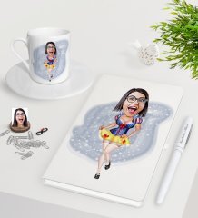 Kişiye Özel Pamuk Prenses Karikatürlü Beyaz Defter Kalem Türk Kahvesi Fincanı Seti