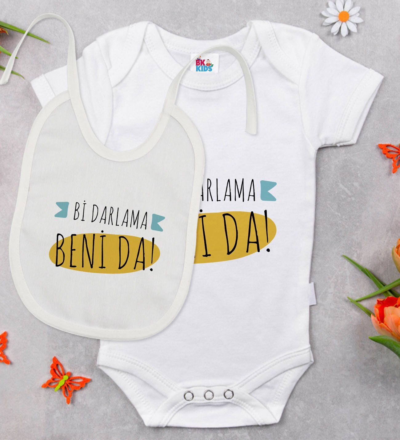 BK Kids Darlama Beni Tasarımlı Beyaz Bebek Body Zıbın ve Mama Önlüğü Hediye Seti-1