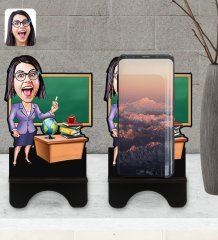 Kişiye Özel Kadın Öğretmen Karikatürlü Ahşap Biblo Telefon Standı-1