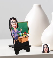 Kişiye Özel Kadın Öğretmen Karikatürlü Ahşap Biblo Telefon Standı-1