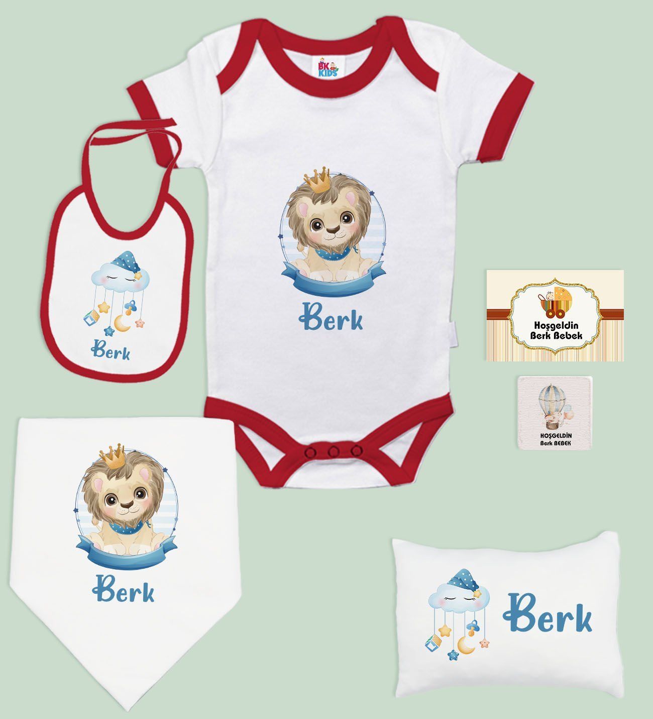 BK Kids Kişiye Özel İsimli 6 Parça Kırmızı Bebek Body Zıbın Battaniye ve Yastık Hediye Seti, Yeni Doğan Bebek Giyim Hediyesi-5