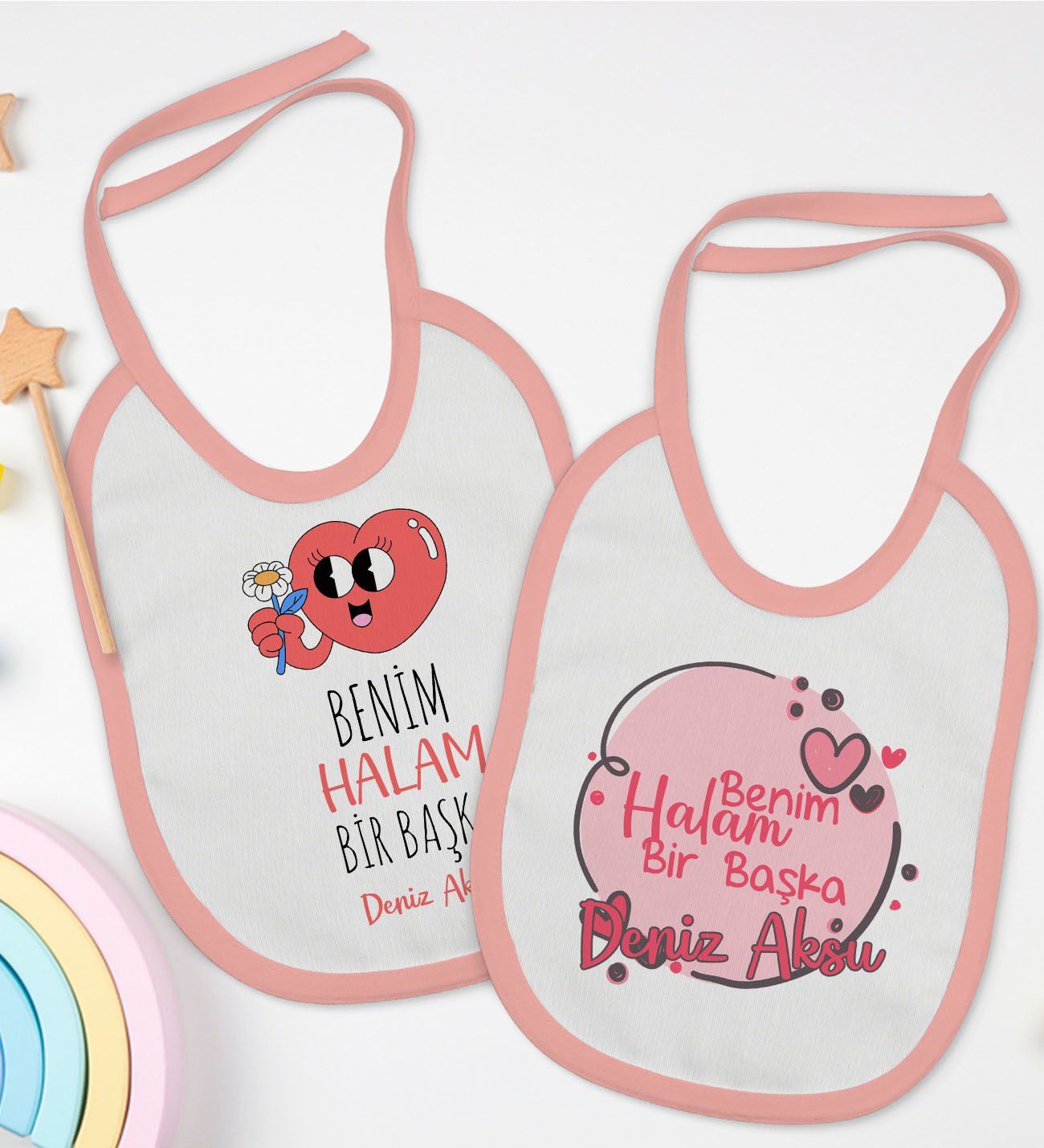 BK Kids Kişiye Özel Halam Bir Başka Tasarımlı 2’li Pembe Mama Önlüğü-1