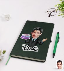 Kişiye Özel Erkek Doğum Günü Karikatürlü Yeşil Termo Deri Defter Kalem Seti Model 2