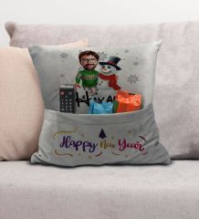 BK Gift Kişiye Özel Yılbaşı Karikatür Tasarımlı Organizer Kumanda ve Atıştırmalık Cepli Gri Kırlent Yastık- 9, Yılbaşı Hediyesi, Yeni Yıl Hediyeleri