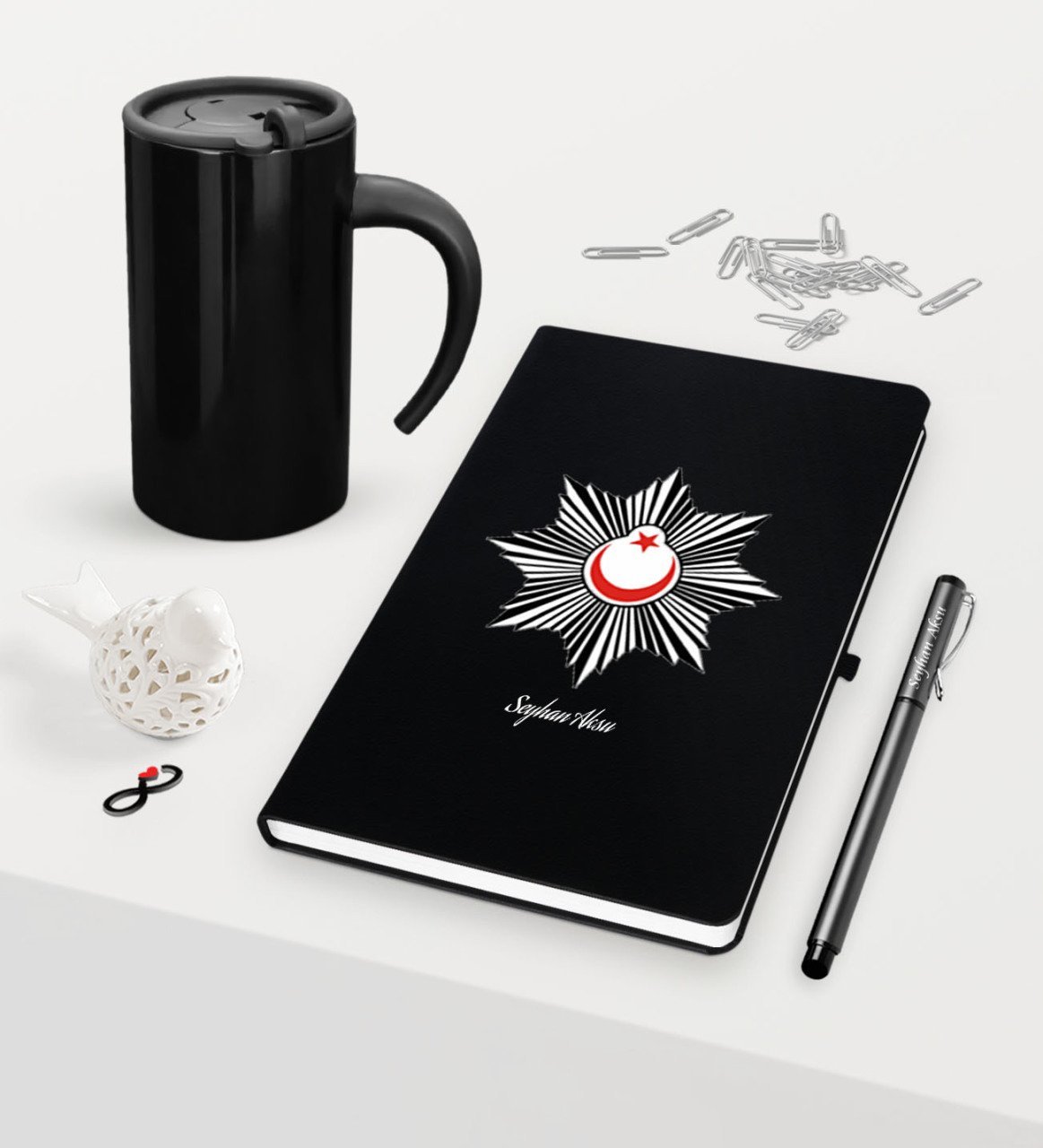 Kişiye Özel Polis Temalı Siyah Defter Kalem Termos Mug Seti - 1