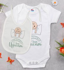 BK Kids Çok İlişmen Tasarımlı Beyaz Bebek Body Zıbın ve Mama Önlüğü Hediye Seti-2