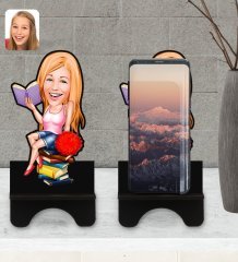 Kişiye Özel Kadın Öğrenci Karikatürlü Ahşap Biblo Telefon Standı-1