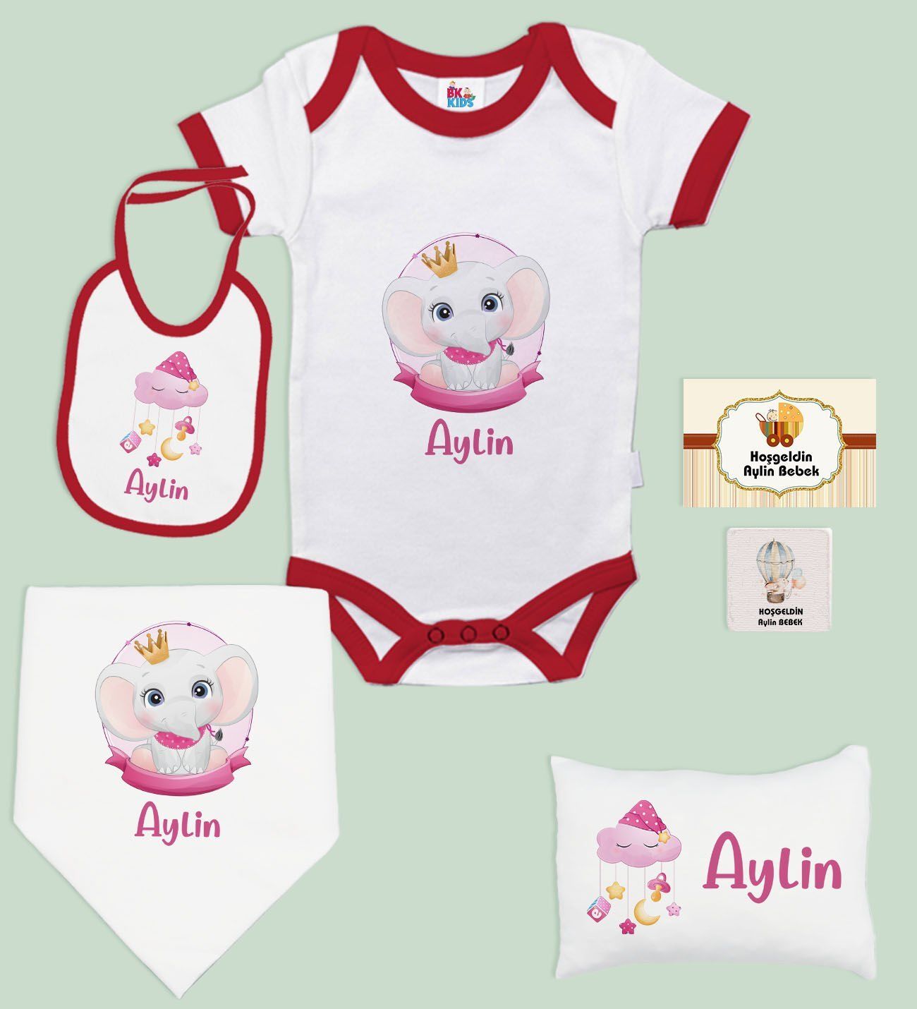 BK Kids Kişiye Özel İsimli 6 Parça Kırmızı Bebek Body Zıbın Battaniye ve Yastık Hediye Seti, Yeni Doğan Bebek Giyim Hediyesi-4