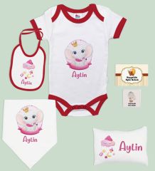 BK Kids Kişiye Özel İsimli 6 Parça Kırmızı Bebek Body Zıbın Battaniye ve Yastık Hediye Seti, Yeni Doğan Bebek Giyim Hediyesi-4
