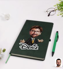 Kişiye Özel Erkek Avukat Karikatürlü Yeşil Termo Deri Defter Kalem Seti Model 3