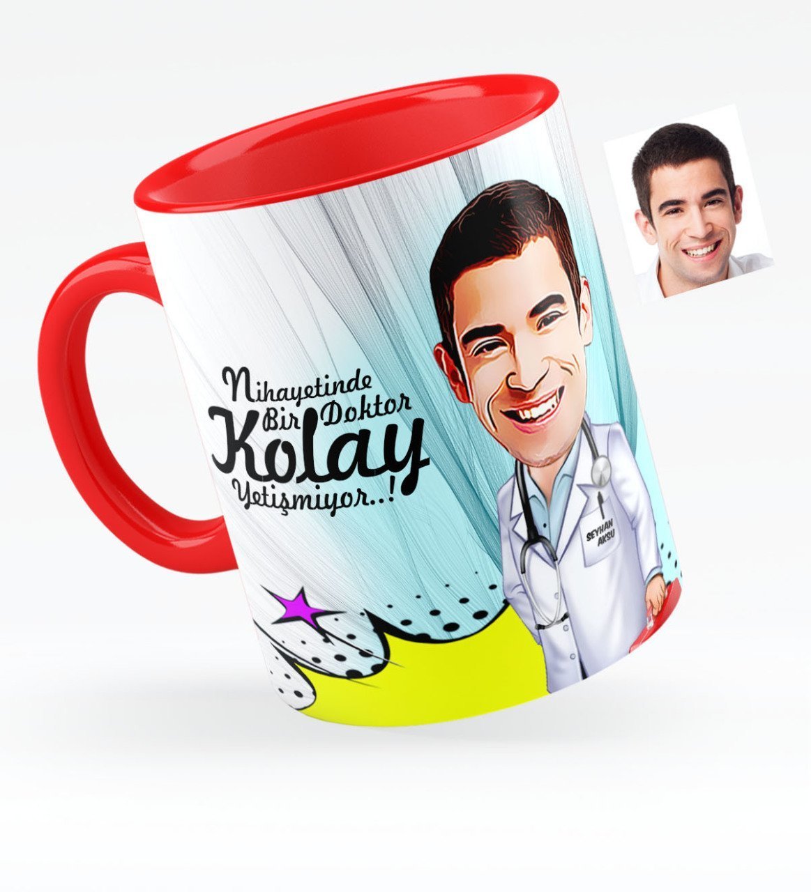 Kişiye Özel Bay Doktor Karikatürlü Kırmızı Kupa Bardak - 6