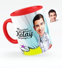 Kişiye Özel Bay Doktor Karikatürlü Kırmızı Kupa Bardak - 6