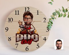 Kişiye Özel Erkek Barbekü Chef Karikatürlü Otantik Ahşap Palet Saat-1
