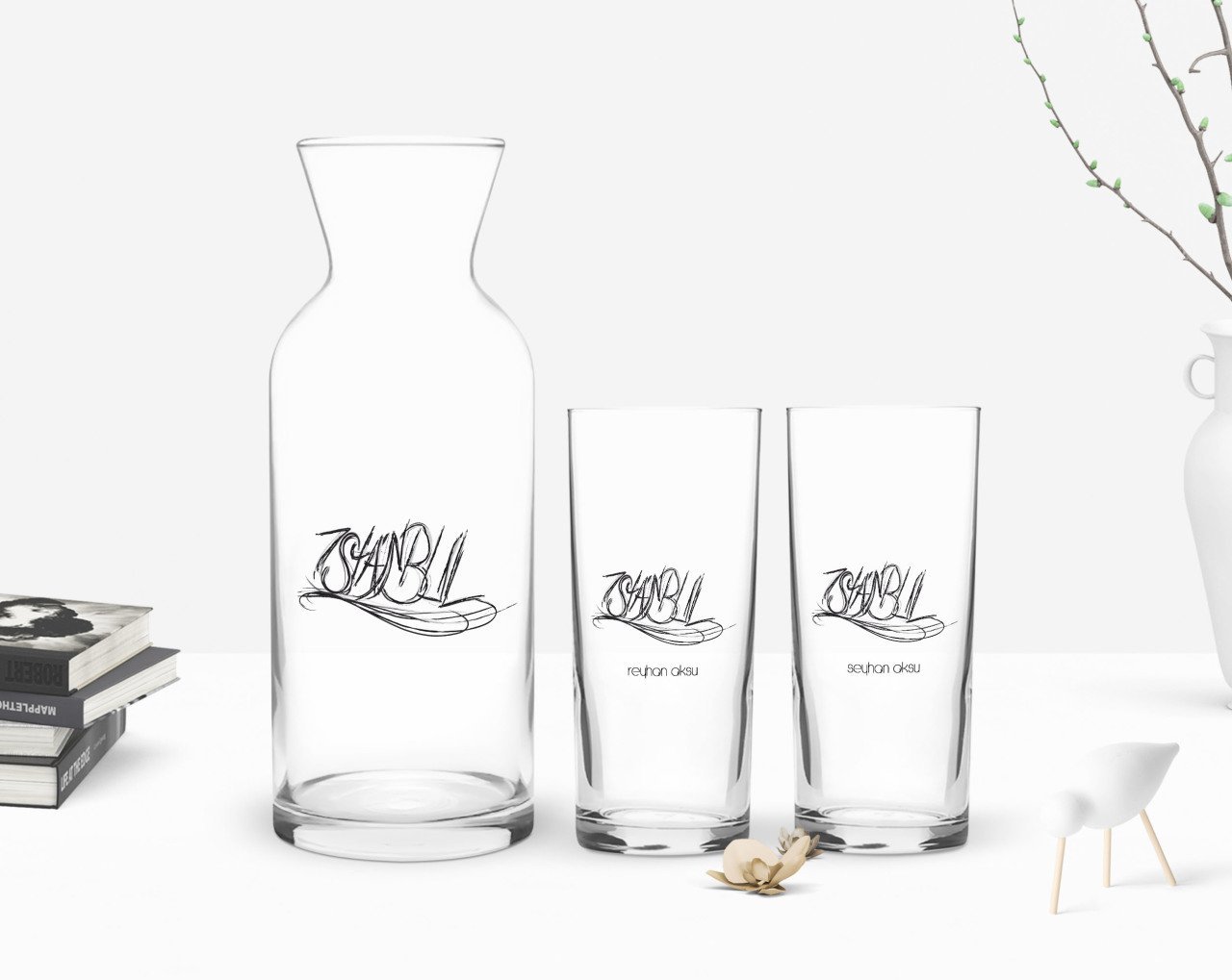 Kişiye Özel Renkli Baskılı İstanbul Tasarımlı Turistik İkili Rakı Bardağı ve Karaf Hediye Seti-1