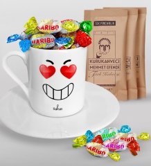 Kişiye Özel Sevgililer Günü Türk Kahvesi Fincanı Mehmet Efendi Kahve ve Haribo Şeker Hediye Seti-101