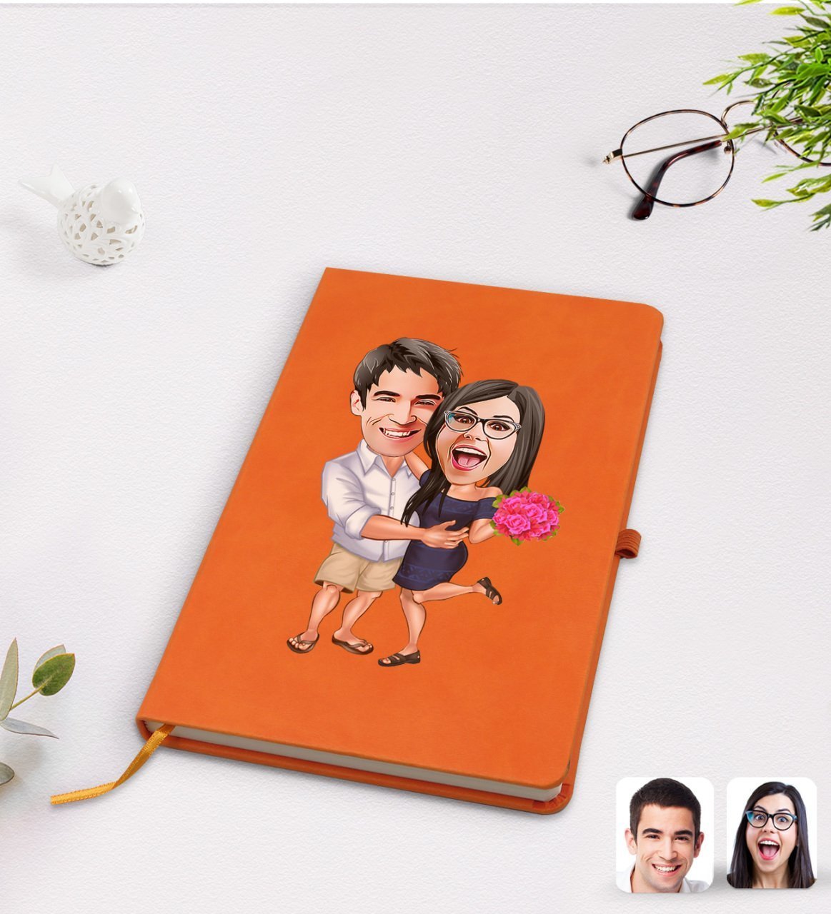 Kişiye Özel Sevgililer Karikatürlü Turuncu Termo Deri Defter Model 108
