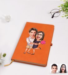 Kişiye Özel Sevgililer Karikatürlü Turuncu Termo Deri Defter Model 108