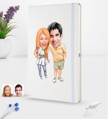 Kişiye Özel Sevgililer Karikatürlü Beyaz Termo Deri Defter 16x24cm Model 98