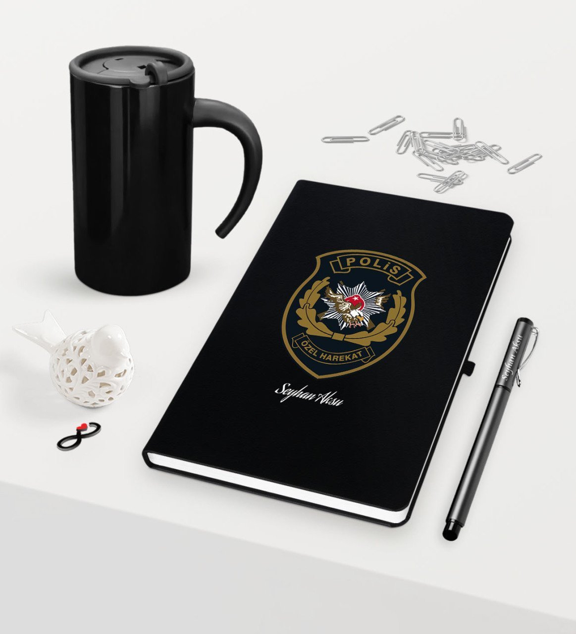 Kişiye Özel Polis Özel Harekat Temalı Siyah Defter Kalem Termos Mug Seti