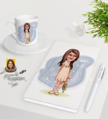 Kişiye Özel Kız Çocuk Karikatürlü Beyaz Defter Kalem Türk Kahvesi Fincanı Seti-7