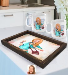 Kişiye Özel Kadın Karikatürlü Doğal Ahşap Tepsi ve 2’li Kupa Bardak Seti-52