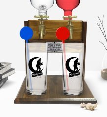 Kişiye Özel Renkli Baskılı Atatürk Temalı İkili Vodka Bardağı ve Çift Musluklu Doğal Ahşap Vodka Standı-32