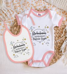 BK Kids Bırkalama Tasarımlı Pembe Bebek Body Zıbın ve Mama Önlüğü Hediye Seti-1